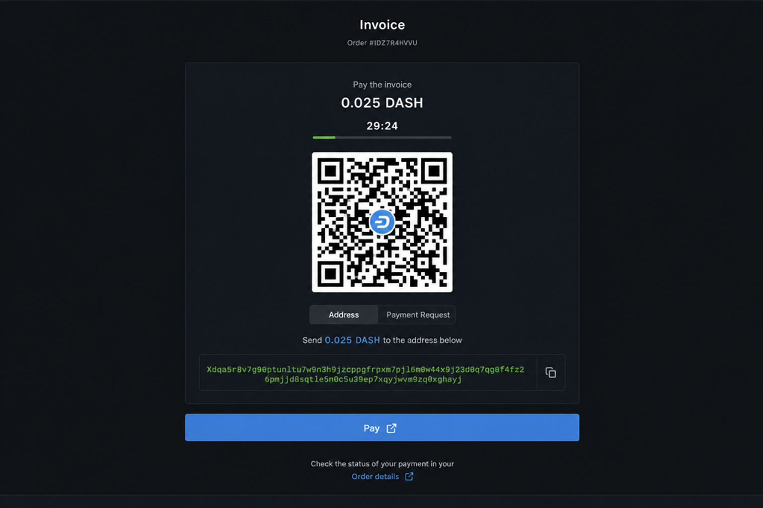 BTCPay checkout page showing the shielded DASHE address + QR code