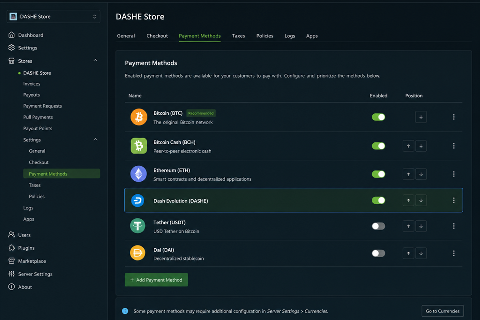BTCPay Server store with the DASHE payment method enabled
