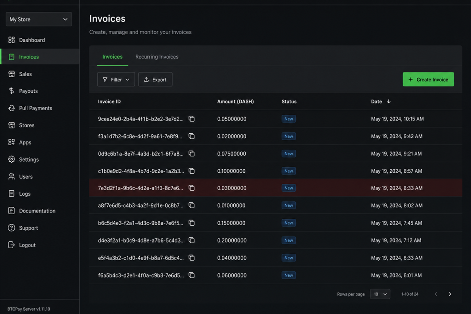 an unpaid DASHE invoice in the BTCPay dashboard